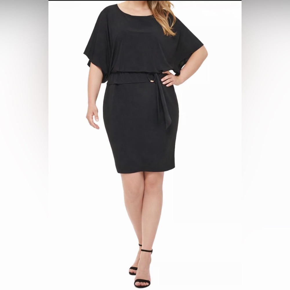 NWT Jessica Howard Black Blouson Belted‎ Cape Sleeve Dress 16W
